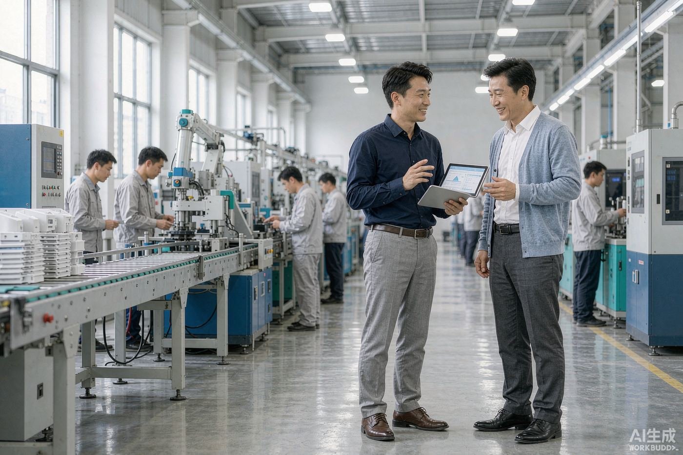 SourcChina agent coordinating with a factory manager on the production floor